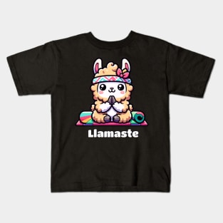 Cute Llama Yoga on Rainbow Exercise mat Kids T-Shirt